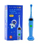 Звуковая щетка для детей в голубом цвете.  В устройстве 2 режима чистки:  утренний режим и вечерний.  В комплекте 3 насадки,  база-зарядка,  кабель USB для зарядки,  а также наклейки для украшения щет ...