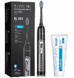 Элегантная черная зубная щетка с гибкой настройкой подходит для очищения брекетов,  имплантов,  виниров,  мостов.  К основному блоку прилагаются 3 сменные насадки,  беспроводная зарядная база,  черный ...